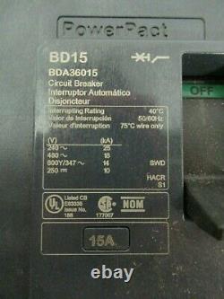 Square D BDA36015, 15 Amp, 600 Volt, 3 Pole, BD15 Circuit Breaker -NEW-S